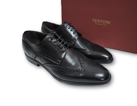 Testoni Black Burnished Calf Leather Derby Shoes