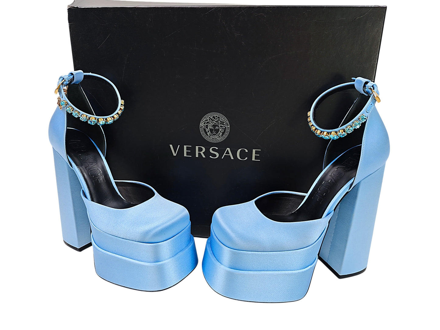 Versace Ice Blue Satin Heels