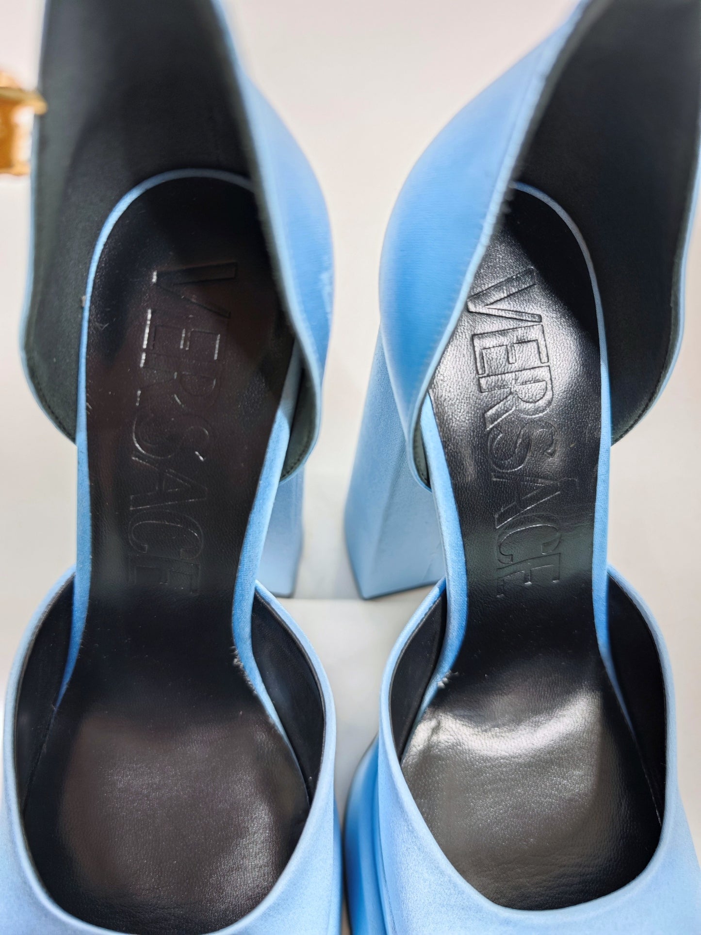 Versace Ice Blue Satin Heels